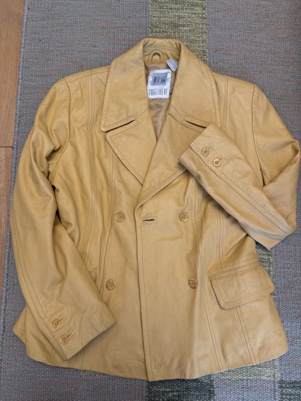 Together Tan/yellow vintage Double-Breasted Leather Jacket